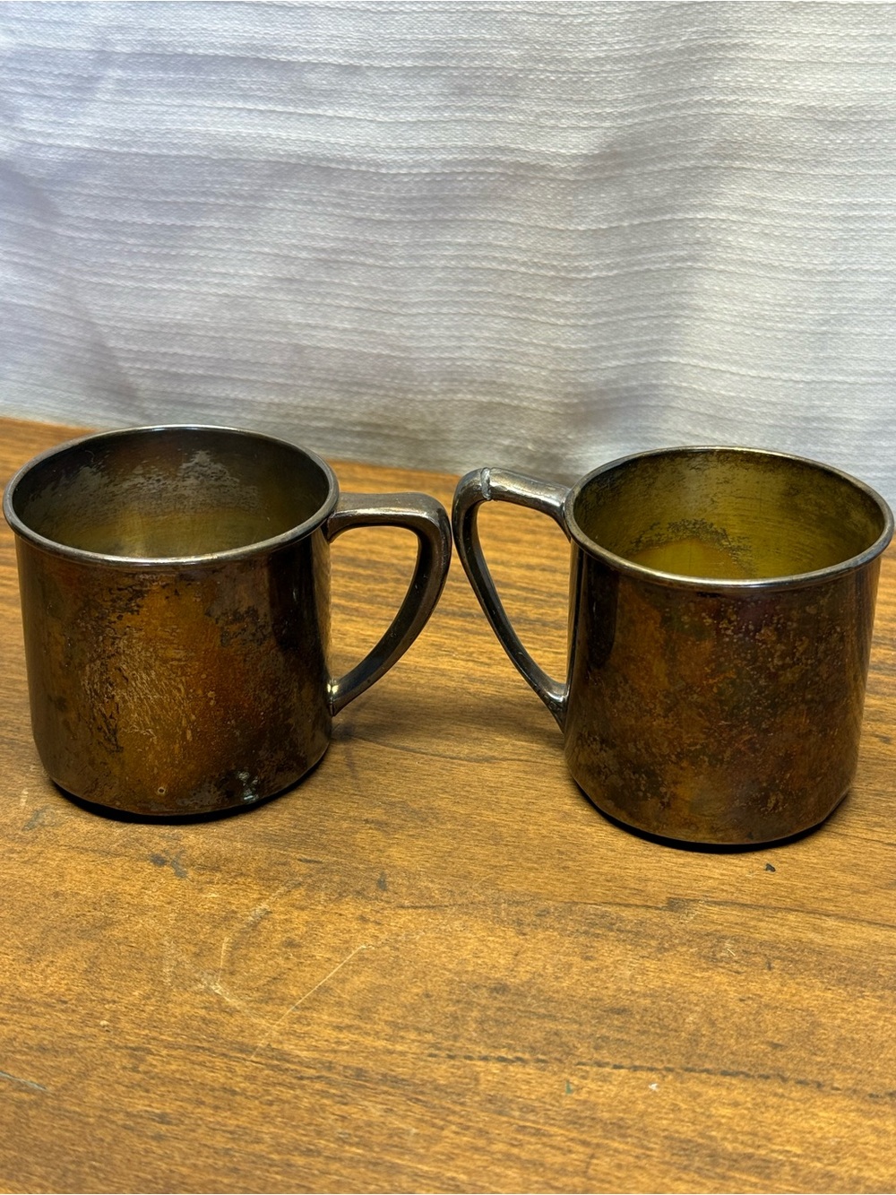 Vintage Silver Plated Miniature Mugs Tiny Cups Mid Century Barware Pair NOTE